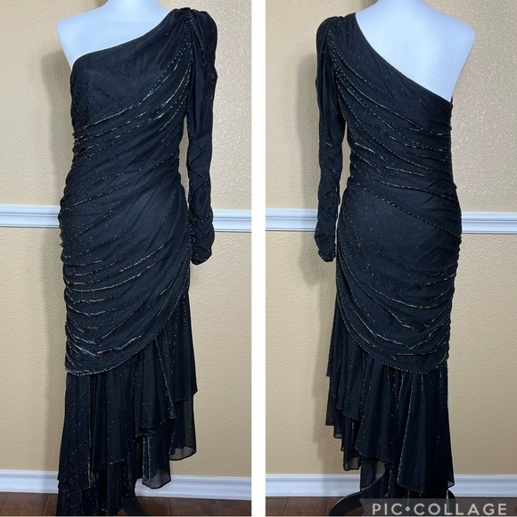 Vintage New Leaf Samir Dress Sz 9/10 One Sleeve Black Lurex Shimmer Ruched Party - Picture 1 of 13